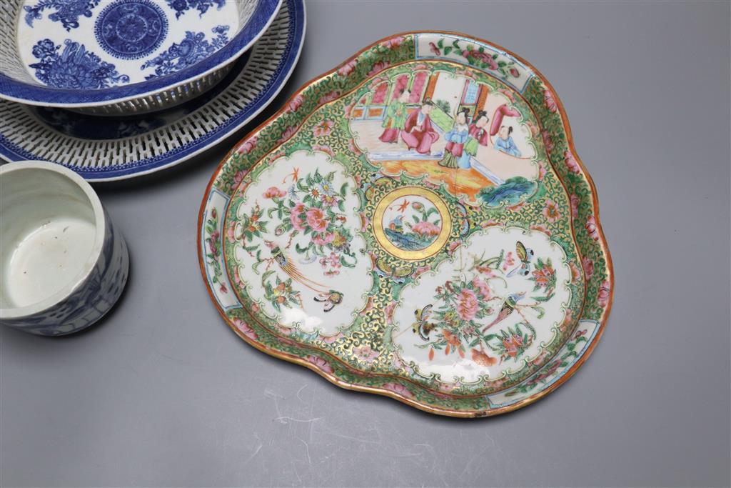 An 18th century Chinese export blue and white basket (cracked) and stand and a Cantonese dish